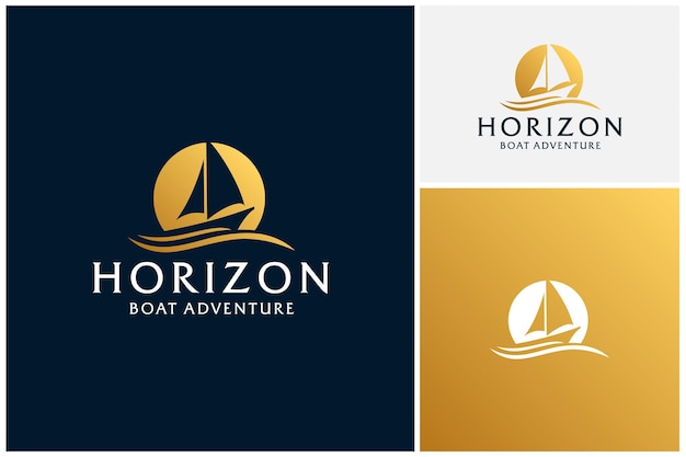 Golden Moon or Sun Sunset with Sail Boat Ship Vessel and sea wave for Ocean Sailing Adventure Logo