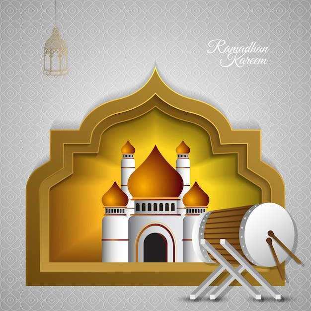 Golden mosque with pattern background for islamic greeting design