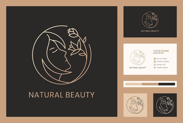 Golden natural beauty / flower combine with woman face logo design. elegant business card template.