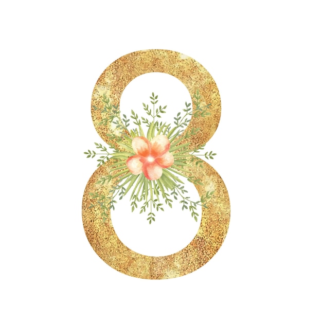 Golden number 8 with with a watercolor bouquet of tropical leaves and flowers on a white isolated background Handdrawn vector illustration