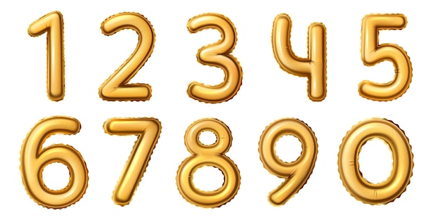 Golden number balloons. Realistic numeral alphabeth for birthday, anniversary or new year celebration. Gold foil balloon 0 to 9 vector set for age or date. Festive and glossy decoration