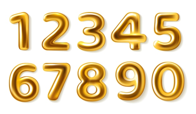 Golden numbers Realistic metal plump numerals from zero to nine glossy metallic luxury party decor 3d roundish shapes for greeting and invitation cards designs balloons signs Vector isolated set