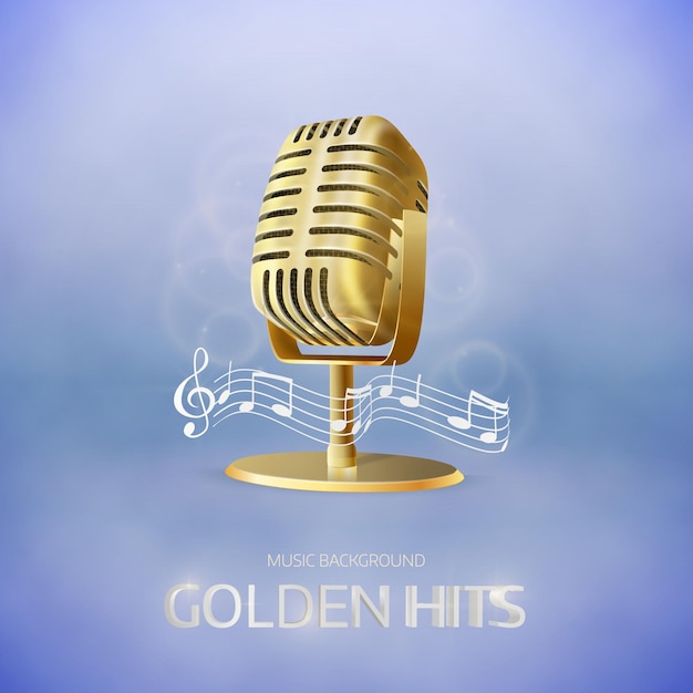 Golden  old vintage microphone icon Radio station banner Musical hits  Vector design