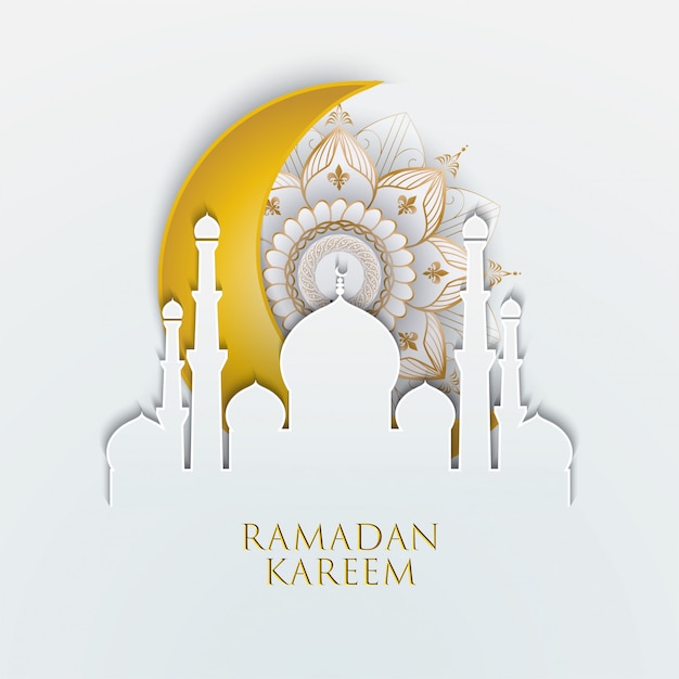 Golden Ornate with golden crescent and lantern on white background, Ramadan kareem