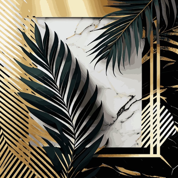 Golden palm leaves on white and black marble background template postcard Vector