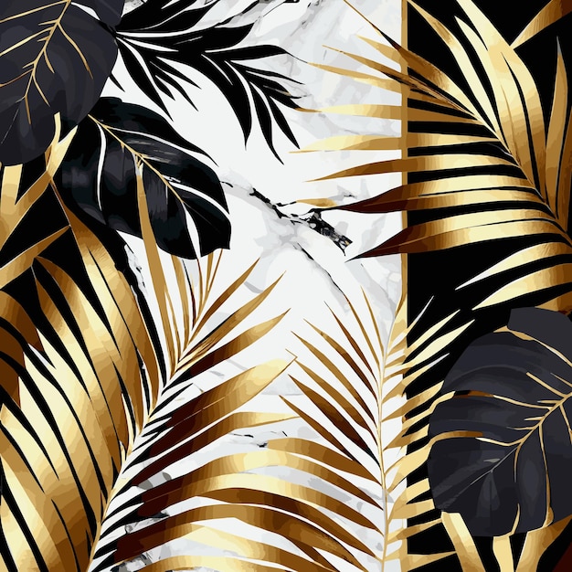 Golden palm leaves on white and black marble background template postcard Vector