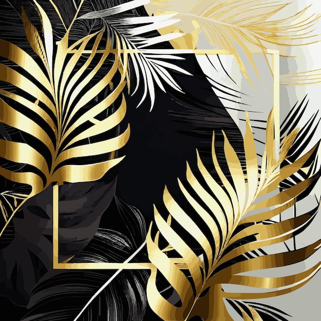 Golden palm leaves on white and black marble background template postcard Vector