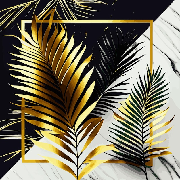 Golden palm leaves on white and black marble background template postcard Vector