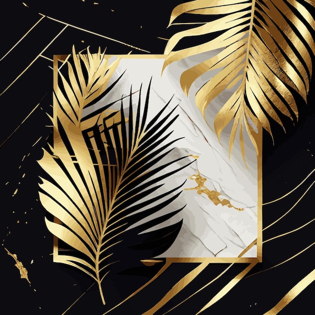 Golden palm leaves on white and black marble background template postcard Vector