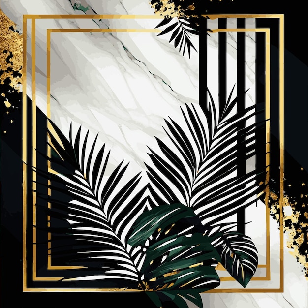 Golden palm leaves on white and black marble background template postcard Vector