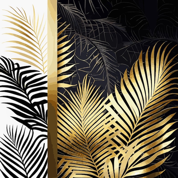 Golden palm leaves on white and black marble background template postcard Vector