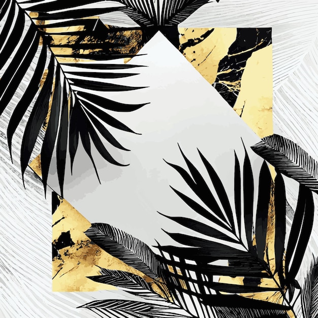 Golden palm leaves on white and black marble background template postcard Vector