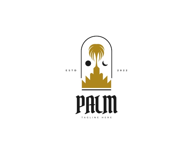 Golden Palm Logo Design with Moon and Sun Symbol Suitable for Travel Spa or Resort Industry Logo