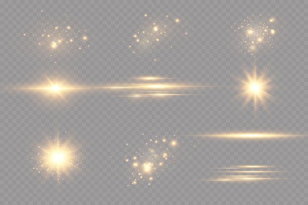 Golden particles of light. Golden light. Light flare.Stars isolated on transparent background.