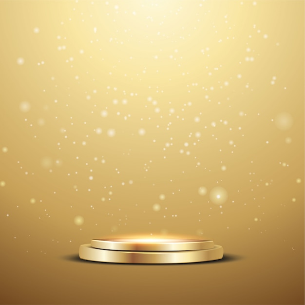 Golden podium with a spotlight and bokeh lights