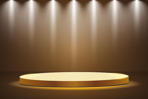 Golden podium with a spotlight on a dark background, the first place, fame and popularity.