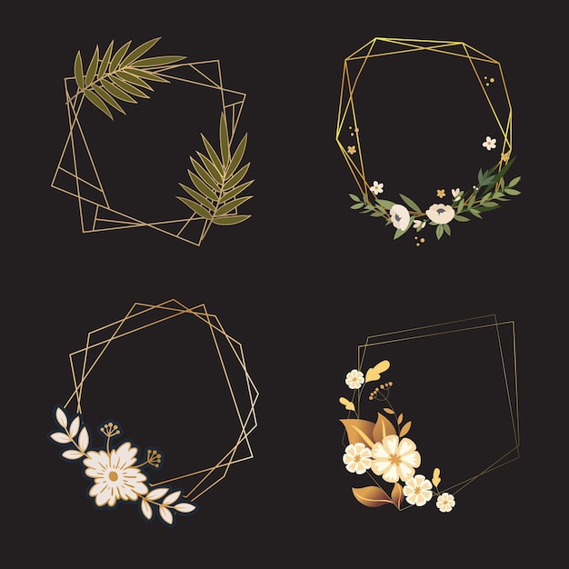 Golden polygonal frames border text with elegant flowers editable design