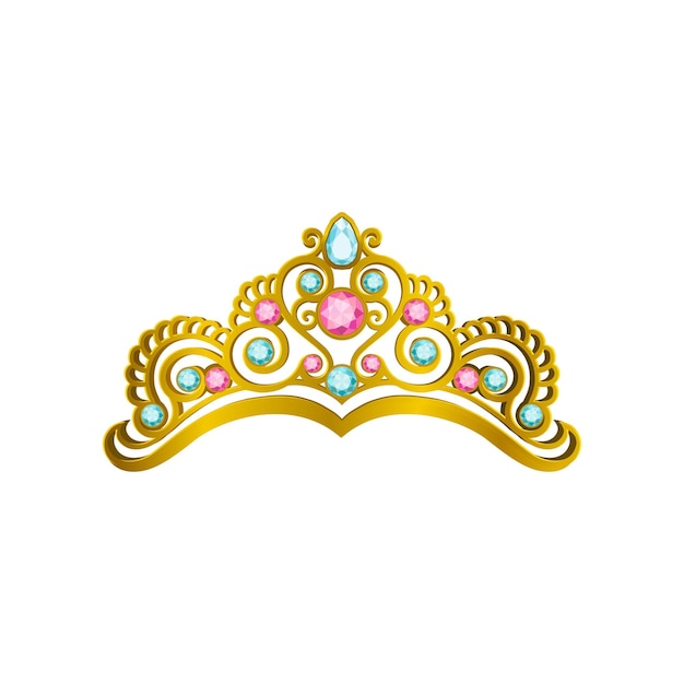 Golden queen crown with precious pink and blue stones Vector icon of shiny princess tiara in realistic style Expensive head accessory