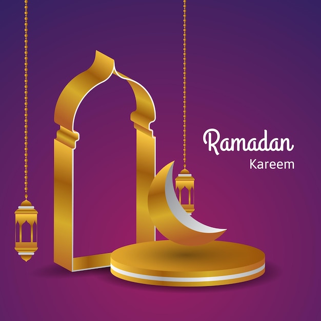 Golden ramadan kareem background with lantern podium moon and gate islamic vector illustration