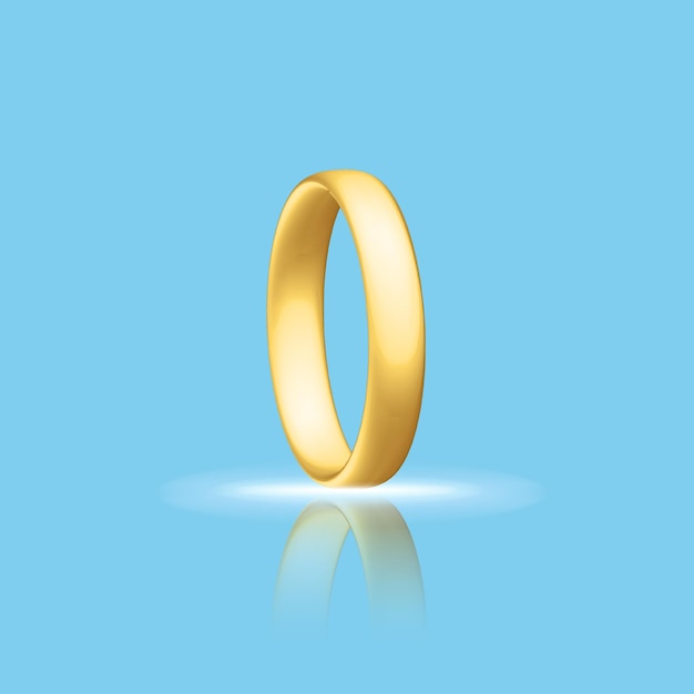 Golden realistic wedding ring with reflection. Anniversary romantic surprise. Golden jewelry object