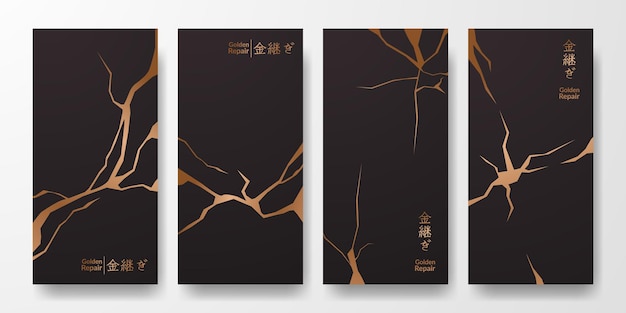 Golden restoration kintsugi cover design. Luxury elegant marble ceramic texture. Crack and broken ground pattern for wall, poster, banner, social media (text translation = golden restoration)