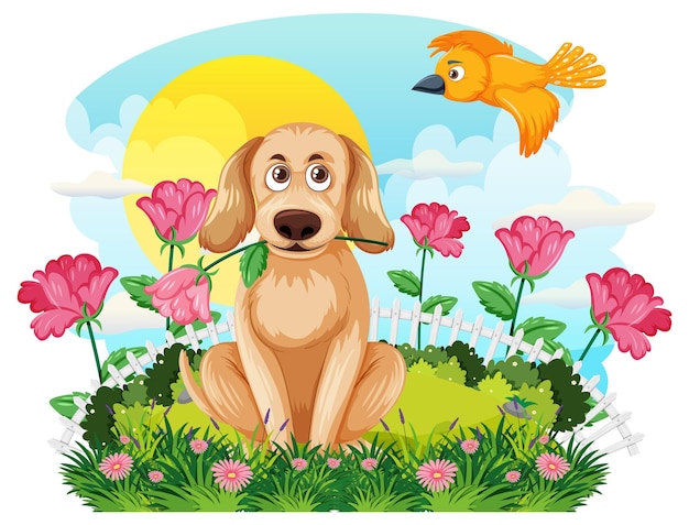 Golden retriever dog in flower field