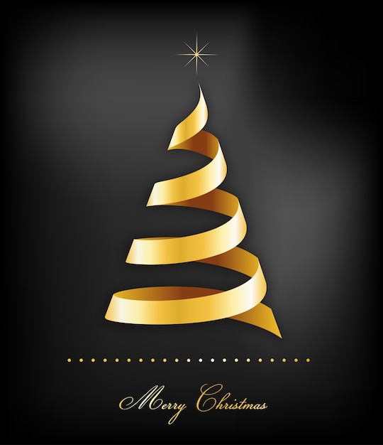 Golden ribbon Christmas tree on a black backround