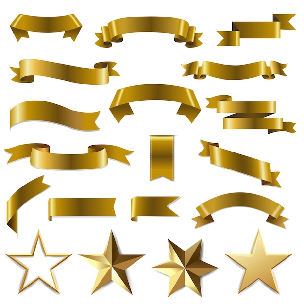 Golden Ribbons And Stars Set White Background With Gradient Mesh