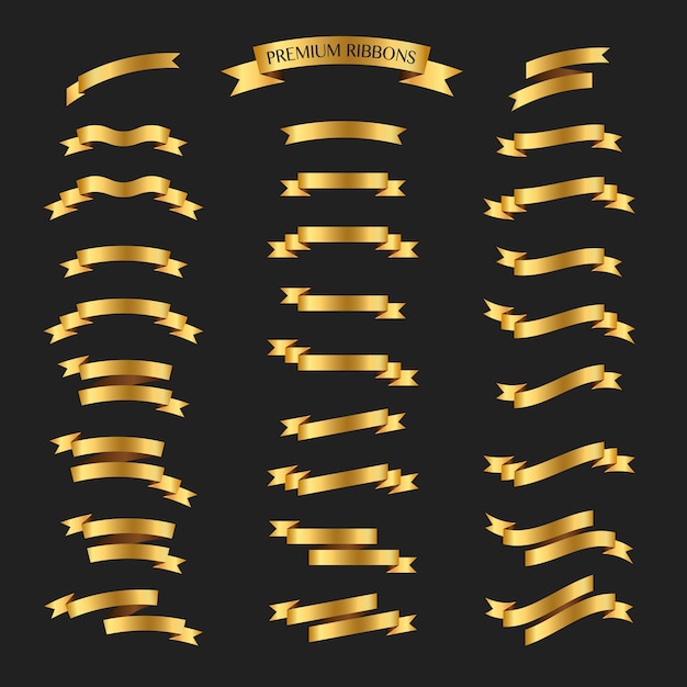 Golden ribbons vector set on black background. Premium ribbons set.