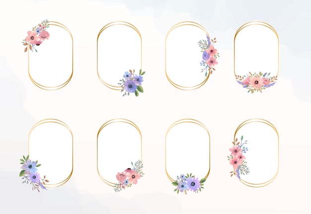 Golden round ellipse arch with watercolor floral bouquet element Set of watercolor flower frame