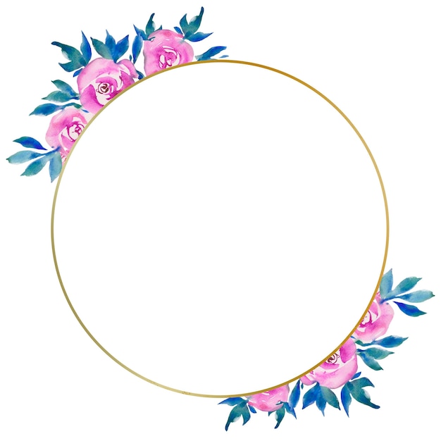 Golden round frame with pink roses floral design wedding monogram watercolor illustrations