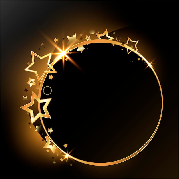 Golden round frame with shiny golden stars on black background