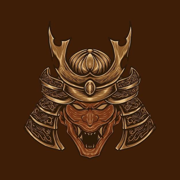 Golden samurai helmet with oni mask design illustration