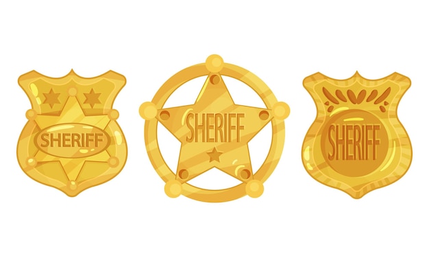 Golden Sheriff Badges with Star as Authority Sign Vector Set