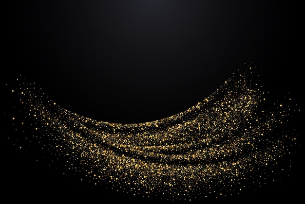 Golden shimmering element wave shape Isolated abstract movement on black background Glittering trail of gold dust Magic sparkling lines