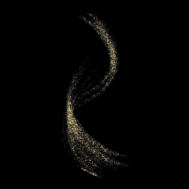 Golden shimmering wave isolated on black background Glittering trail of stardust Abstract motion swirl wave of golden dust