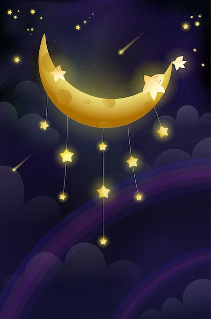 Golden Shiny Crescent Moon in Starry Rainbow Sky