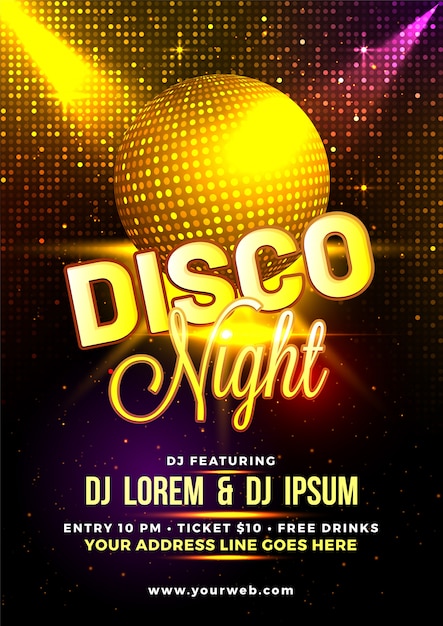 Golden shiny Disco Ball on shiny background, Disco Night Flyer, Poster or Party Template.