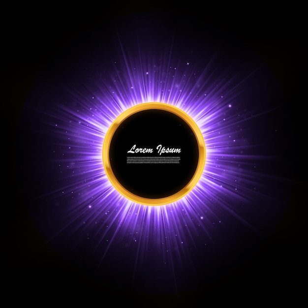 Golden shiny glowing round frame. Geometric backdrop with glittering particles and purple beams.