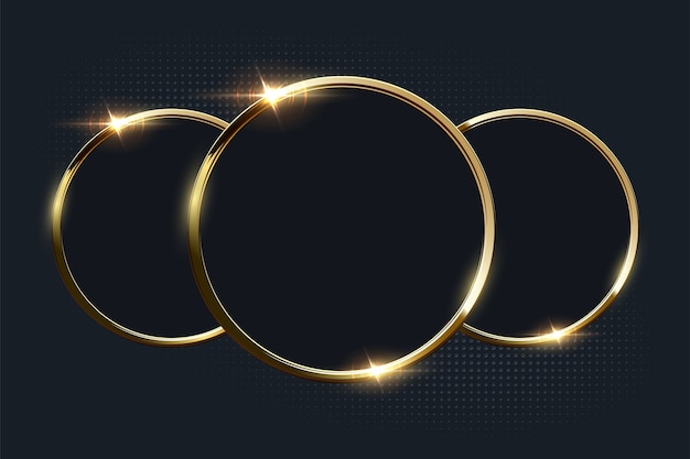 Golden shiny rings with copyspace on dark background.