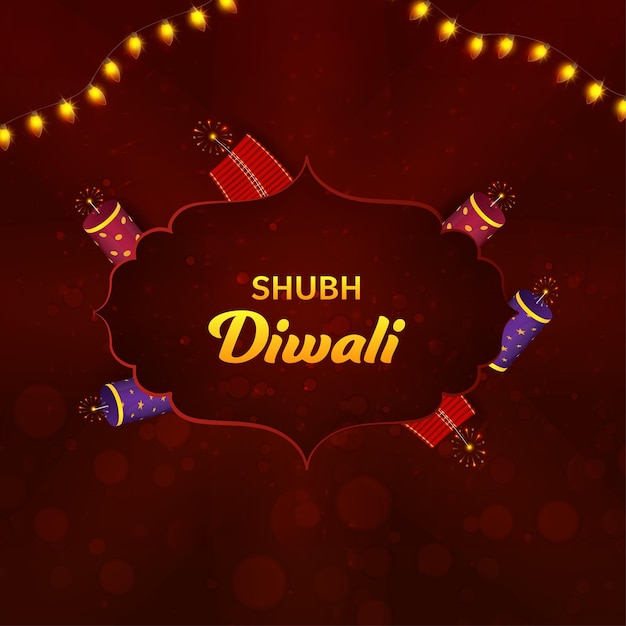 Golden Shubh Happy Diwali Font Over Vintage Frame With Firecracker And Lighting Garland Decorated On Dark Red Bokeh Blur Background