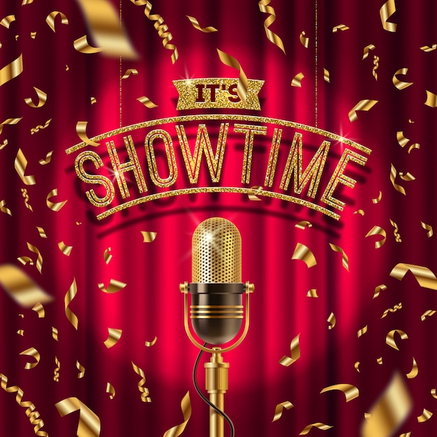 Golden signboard and Retro microphone on stage in spotlight against the background of red curtain and golden confetti.  illustration.