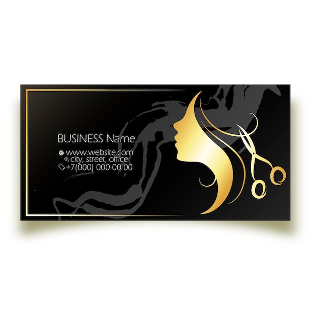 Golden silhouette of a girls face and scissors Business card concept for a beauty salon