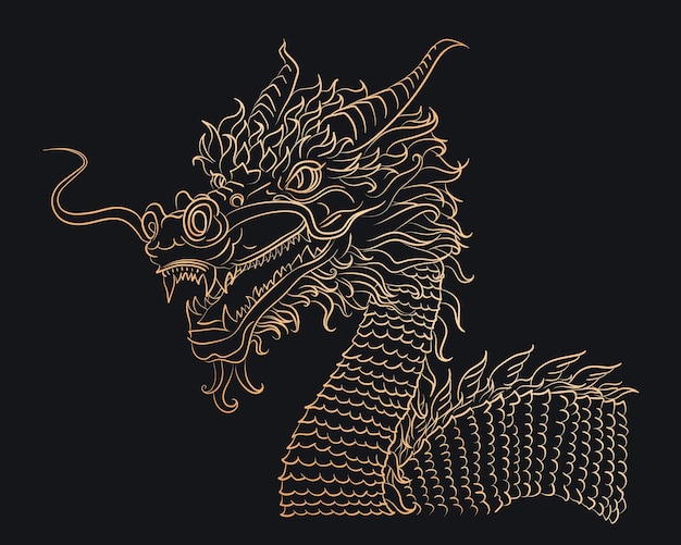 Golden silhouette of outline oriental dragon snake on dark blue background Asian mythology dragon