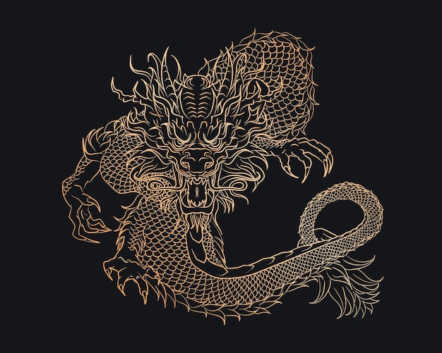 Vector golden silhouette of outline oriental dragon snake on dark blue background gothic vintage poster