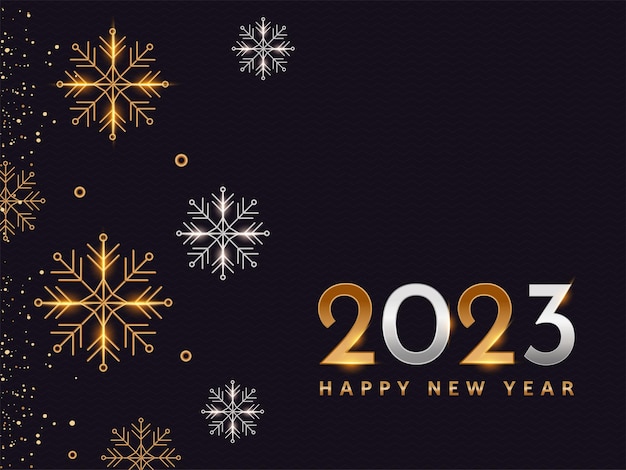 Golden And Silver 2023 Happy New Year Text With Snowflakes Particle Dots On Dark Purple Zigzag Line Pattern Background