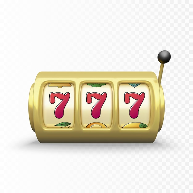 Golden slot machine realistic render. 777 big win or jackpot casino win. Vector illustration