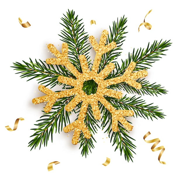 Golden snowflake on the branches of a fir tree with gold ribbons