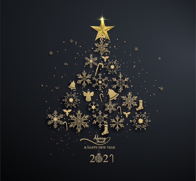 Golden snowflake into christmas tree with decoration on black background,light ,christmas ,happy new year.