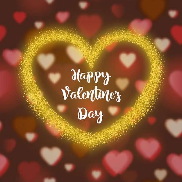 Golden sparkles frame in heart shape on blur background. Happy Valentines Day greeting card.